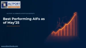 Best performing AIFs as of May 2025 with a rising growth chart showing 3-year investment performance trends.