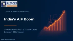 Graphic showing rising growth trend representing India’s AIF market reaching ₹15.74 lakh crore with Category II funds dominating.
