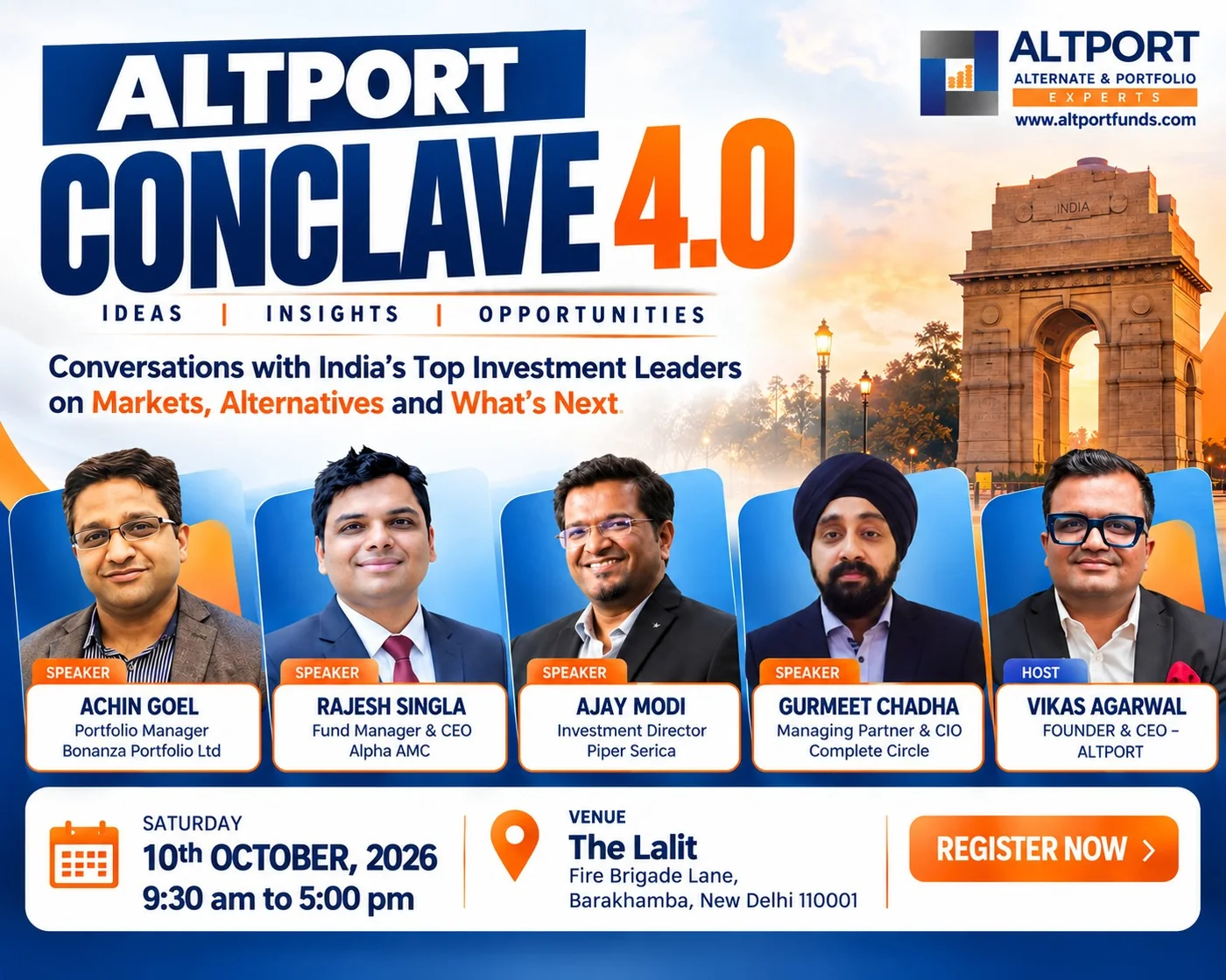 ALTPORT Conclave 4.0, Delhi, 10 October 2026, with speakers Achin Goel, Rajesh Singla, Ajay Modi, Gurmeet Chadha and host Vikas Agrawal