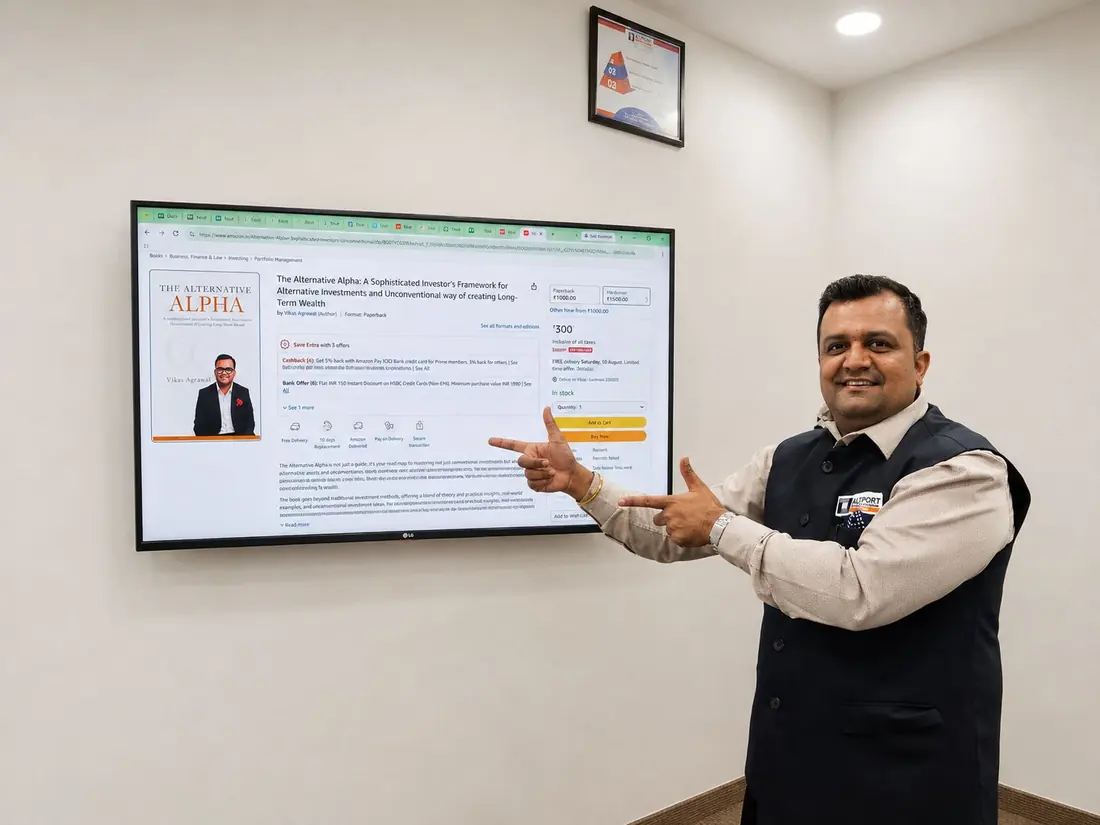 Vikas Agrawal pointing at his book The Alternative Alpha listed on Amazon