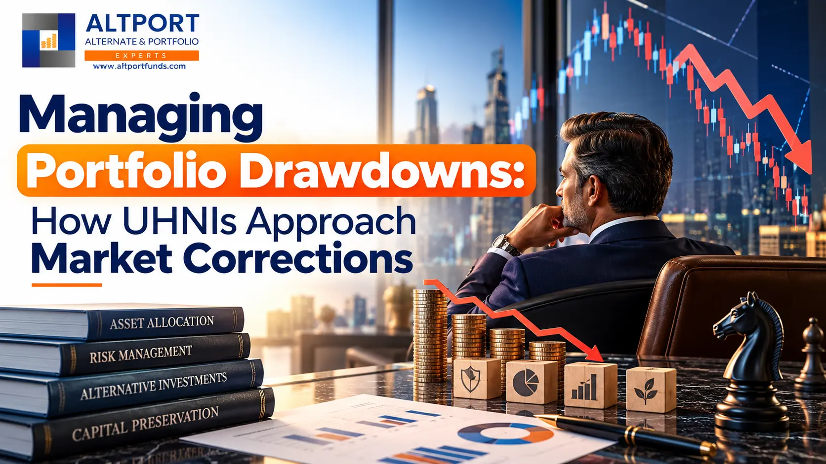 Line chart of an investment portfolio falling from its peak to a low and recovering, illustrating portfolio drawdown