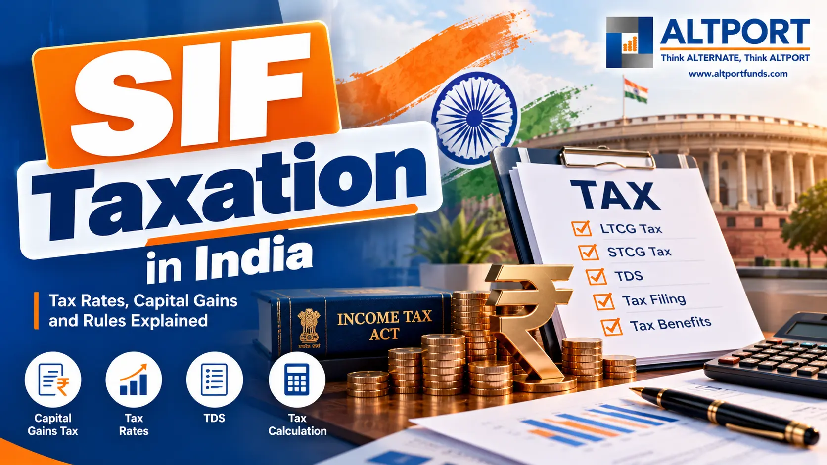 Illustration explaining SIF taxation in India, including capital gains tax rates and tax rules for Specialised Investment Funds